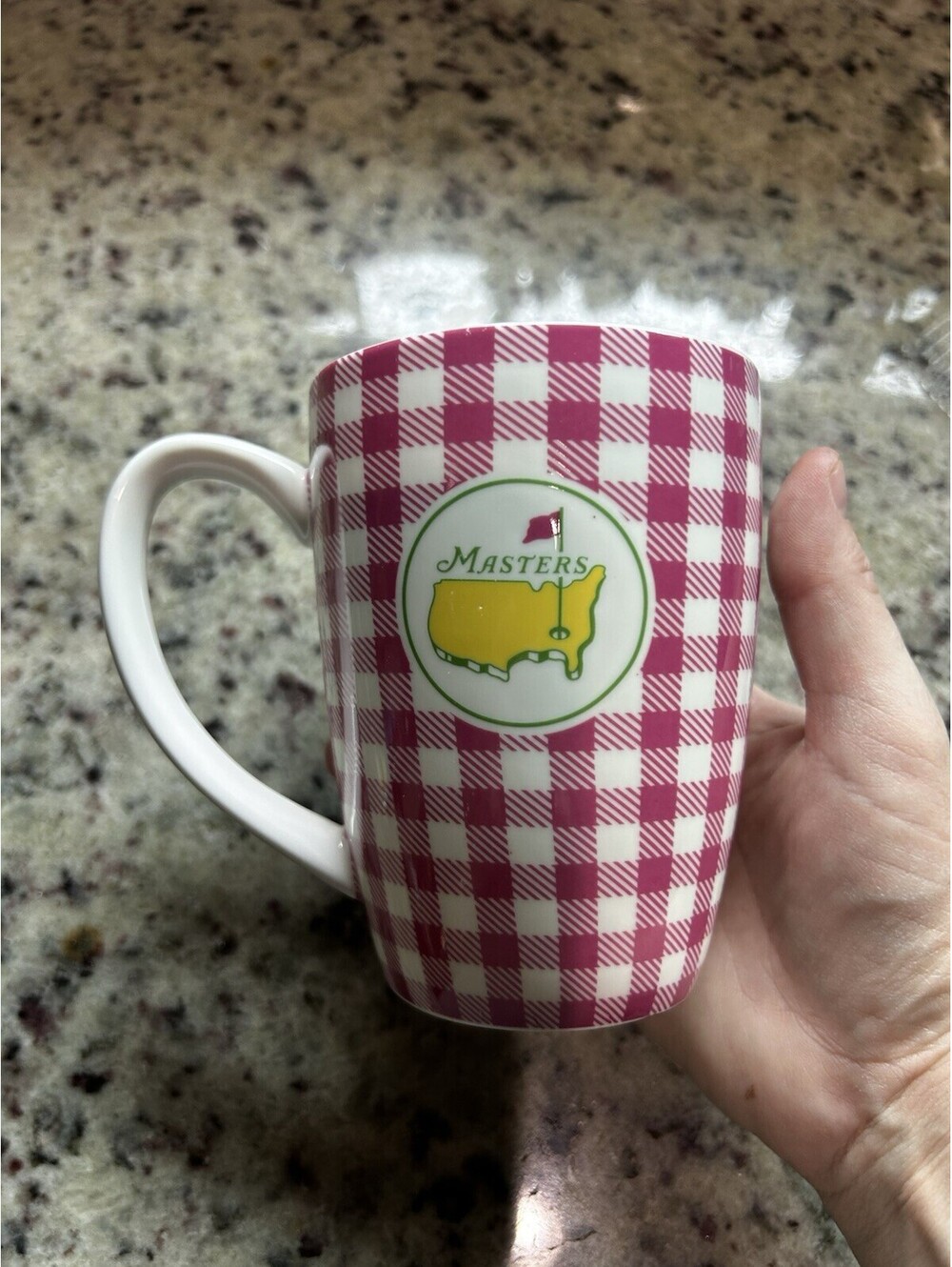 Masters Pink White Gingham Coffee Mug Golf Tournament Augusta